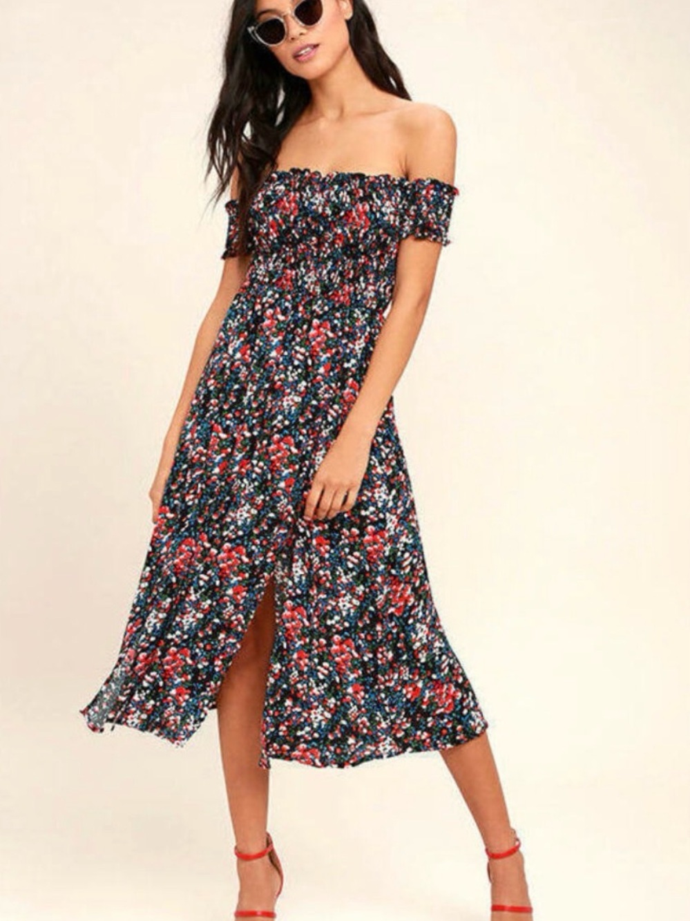 Lulu's Navy Floral Off-Shoulder Midi Dress with Red Accents